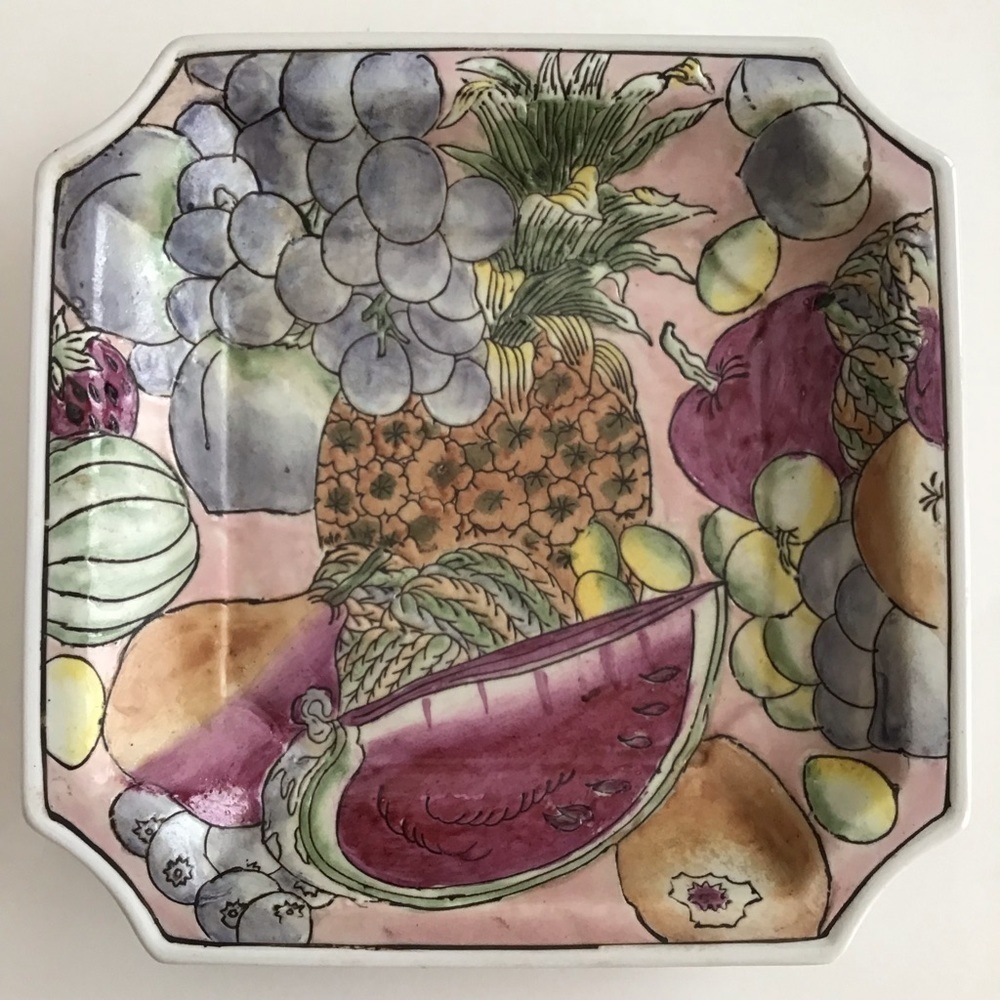 Pastel Fruits Pattern Square Dish Plate Grapes Pineapple Melons Pears Vintage